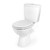 White close-coupled toilet with matching white wood effect seat, shown from front right angle.