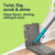 Grey flat mop with rotating head cleaning floor and skirting board, shown with usage text.