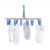 Laundry hanger with blue pegs holding three white socks on a washing line