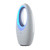 White bladeless fan with blue LED light, oval design, shown at a side angle.