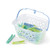 Plastic basket with blue handle, filled with assorted green and blue clothes pegs.