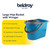 Blue mop bucket with detachable wringer shown, 14 litre capacity, durable plastic.