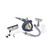 Handheld steam cleaner with navy and gold body, shown with multiple attachments