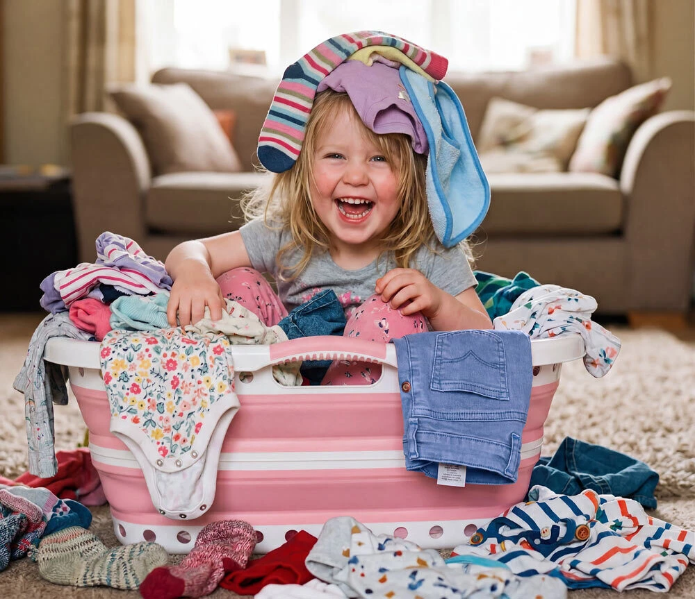 Toddler girl sat in laundry basket surrounded by clothes