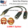 6" 1 Male to 2 Female Gold Plated 3.5mm Audio Y Splitter Headphone Cable Black