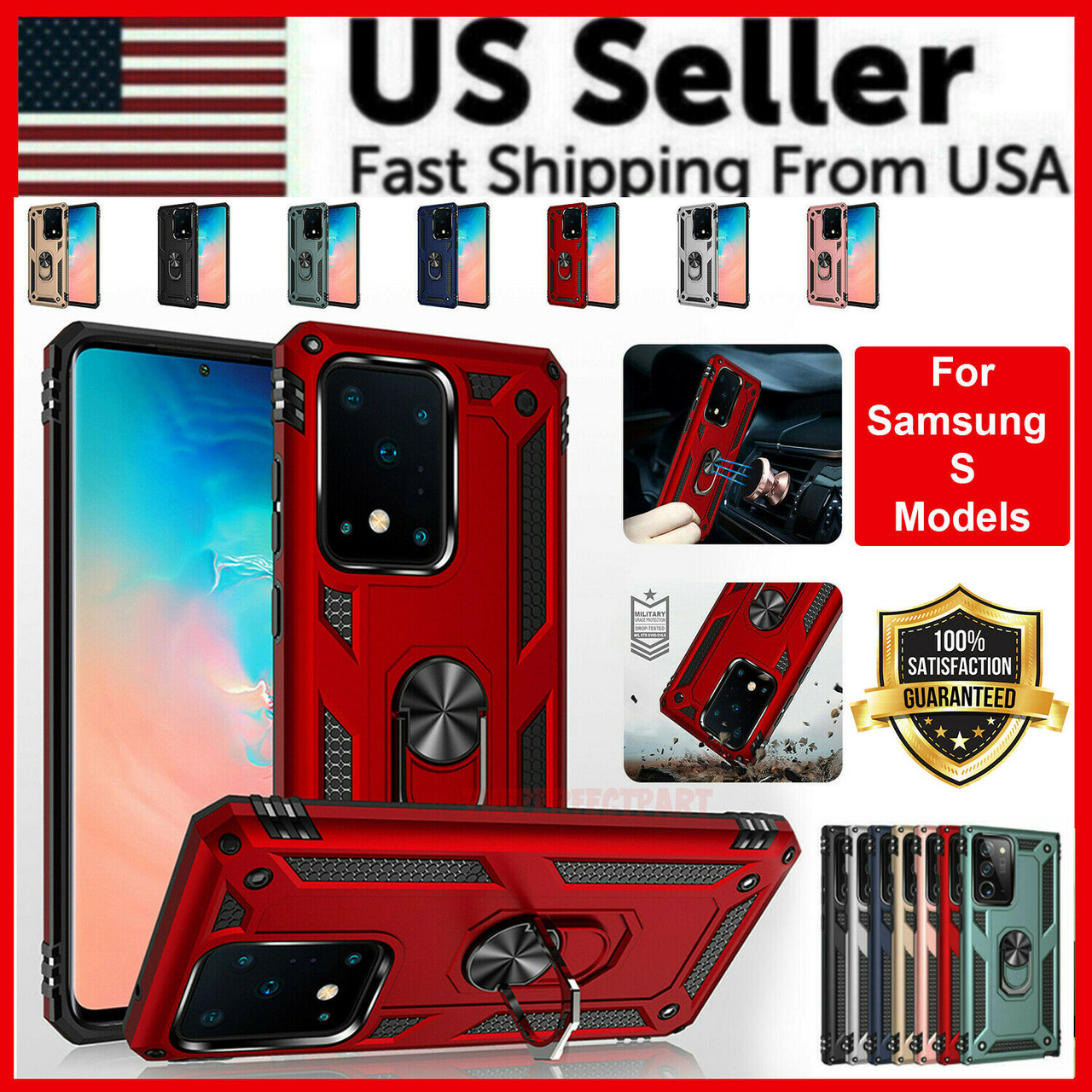 For Samsung Galaxy S20 S10 S9 S8 Plus Case Shockproof Ring Kickstand Phone Cover