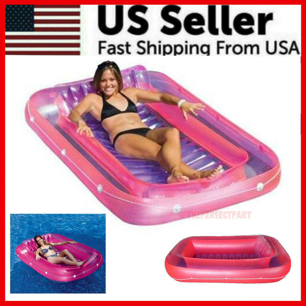 Pool Float Lounge Swimming 71 Inch Suntan Tub Inflatable Water Raft Headrest USA