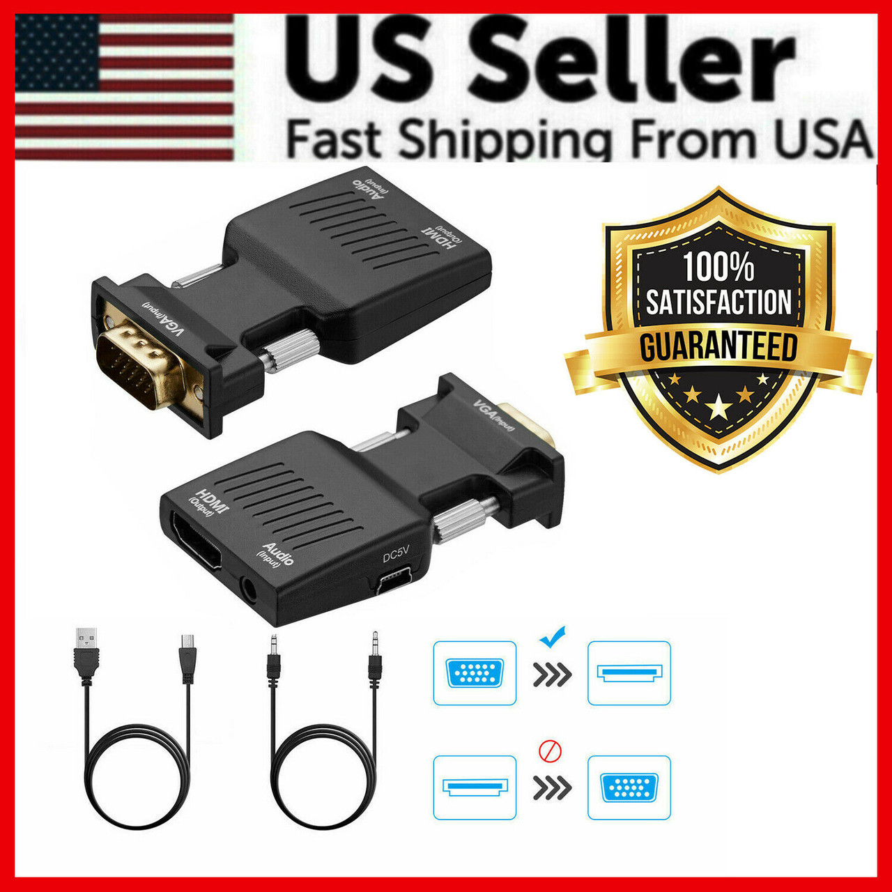 VGA To HDMI Adapter Full HD 1080P Audio Video Converter Laptop PC To TV HDTV AV