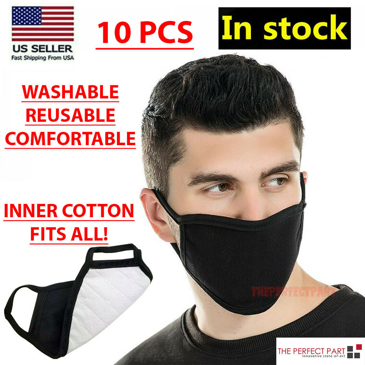 10 PCS Face Mask Washable Black Fashion Reusable Breathable Unisex Double Layer