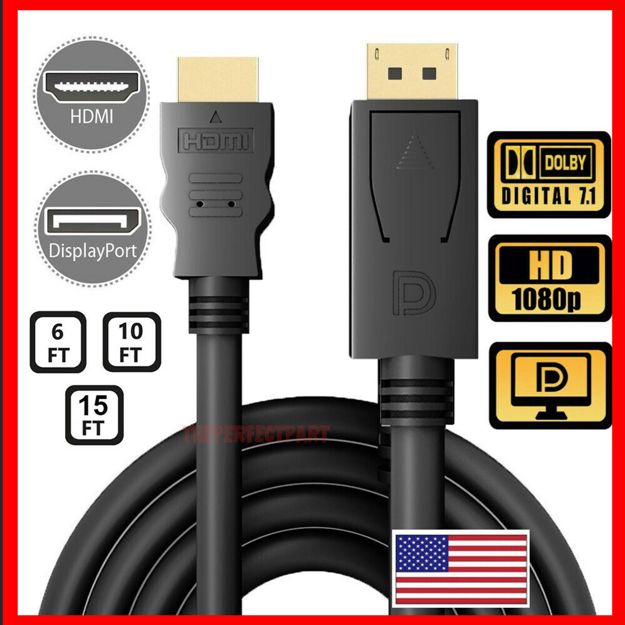 Display Port DP to HDMI Cable Adapter Converter Audio Video PC HDTV 1080P 60Hz