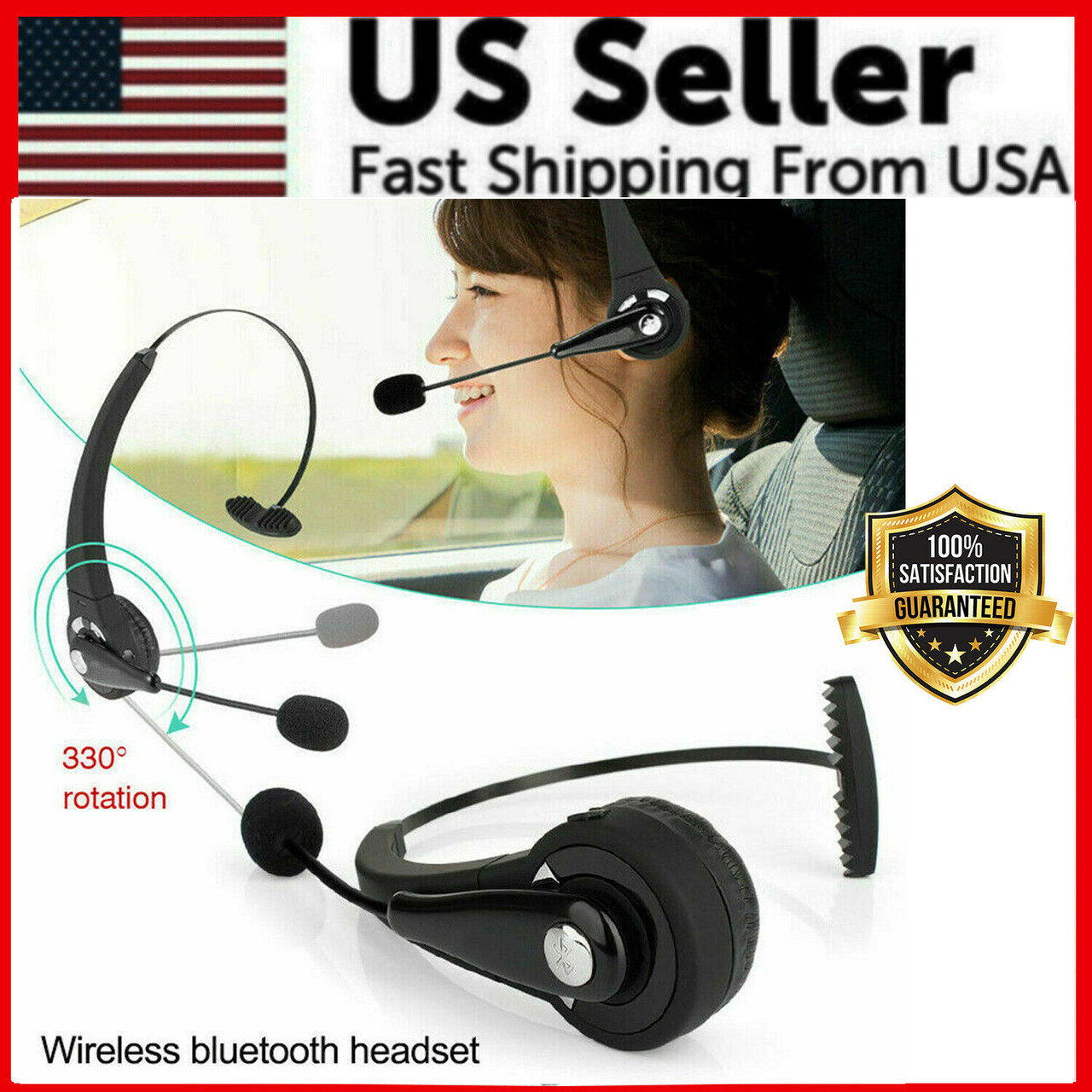 Noise Cancelling Wireless Bluetooth Headset Over the Head Boom w/Mic For Trucker