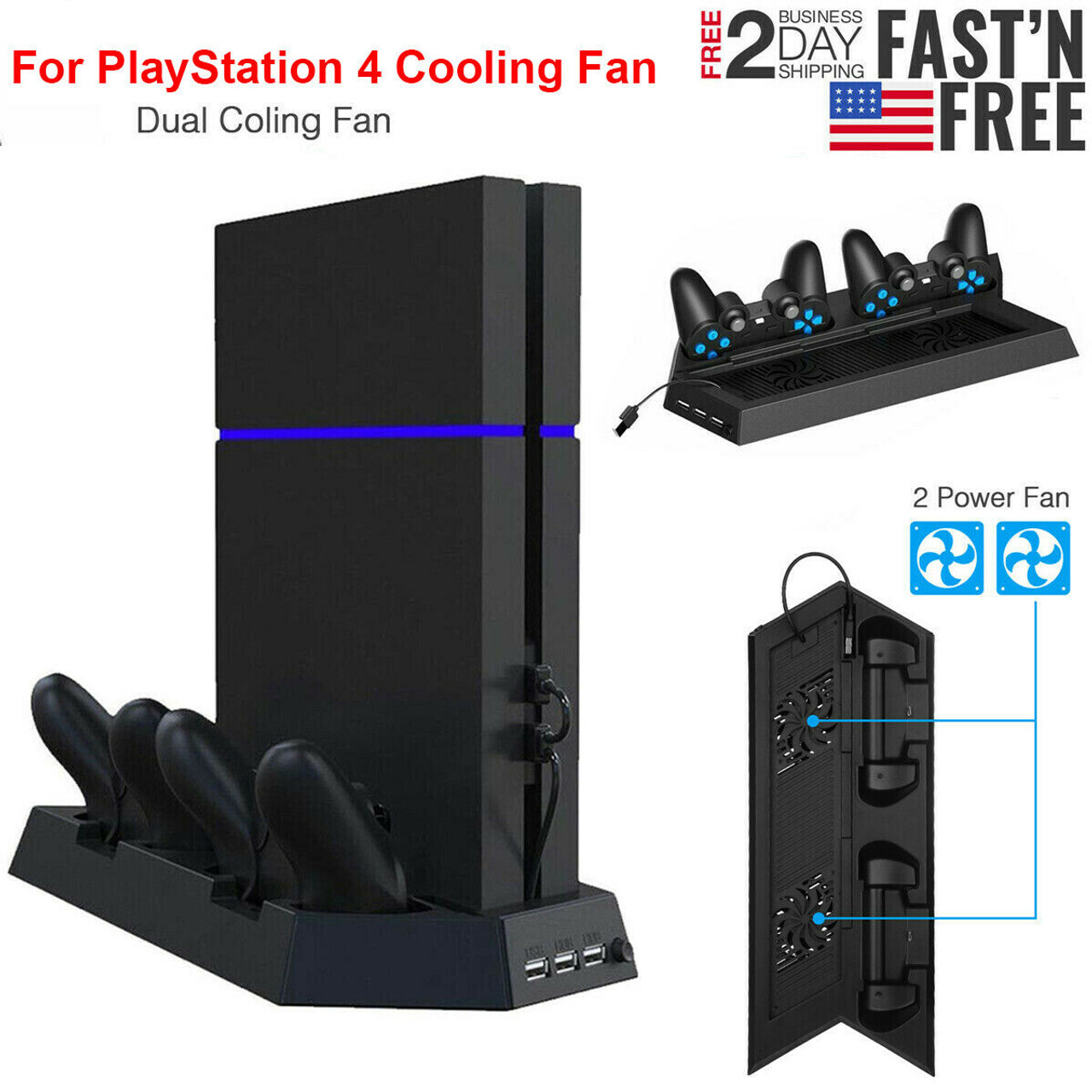 PS4 Cooling Station Vertical Stand 2 Controller Charging Dock For PlayStation 4