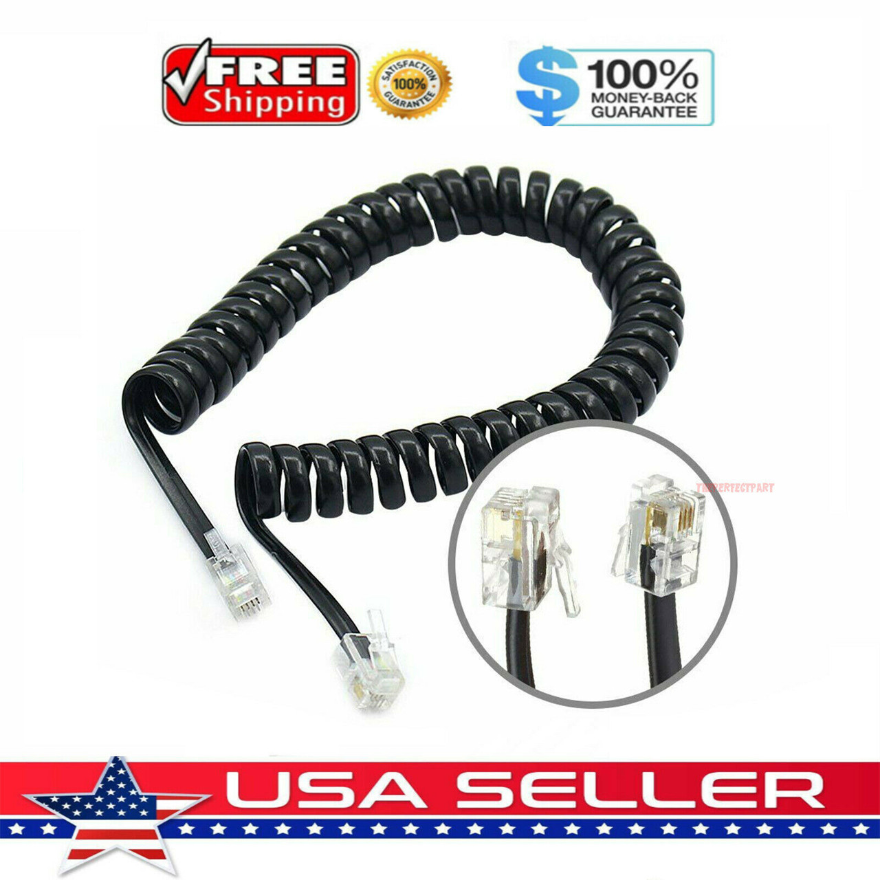 7FT Telephone Handset Receiver Cord Phone Curly Coil Cable 4P4C RJ22 - Black