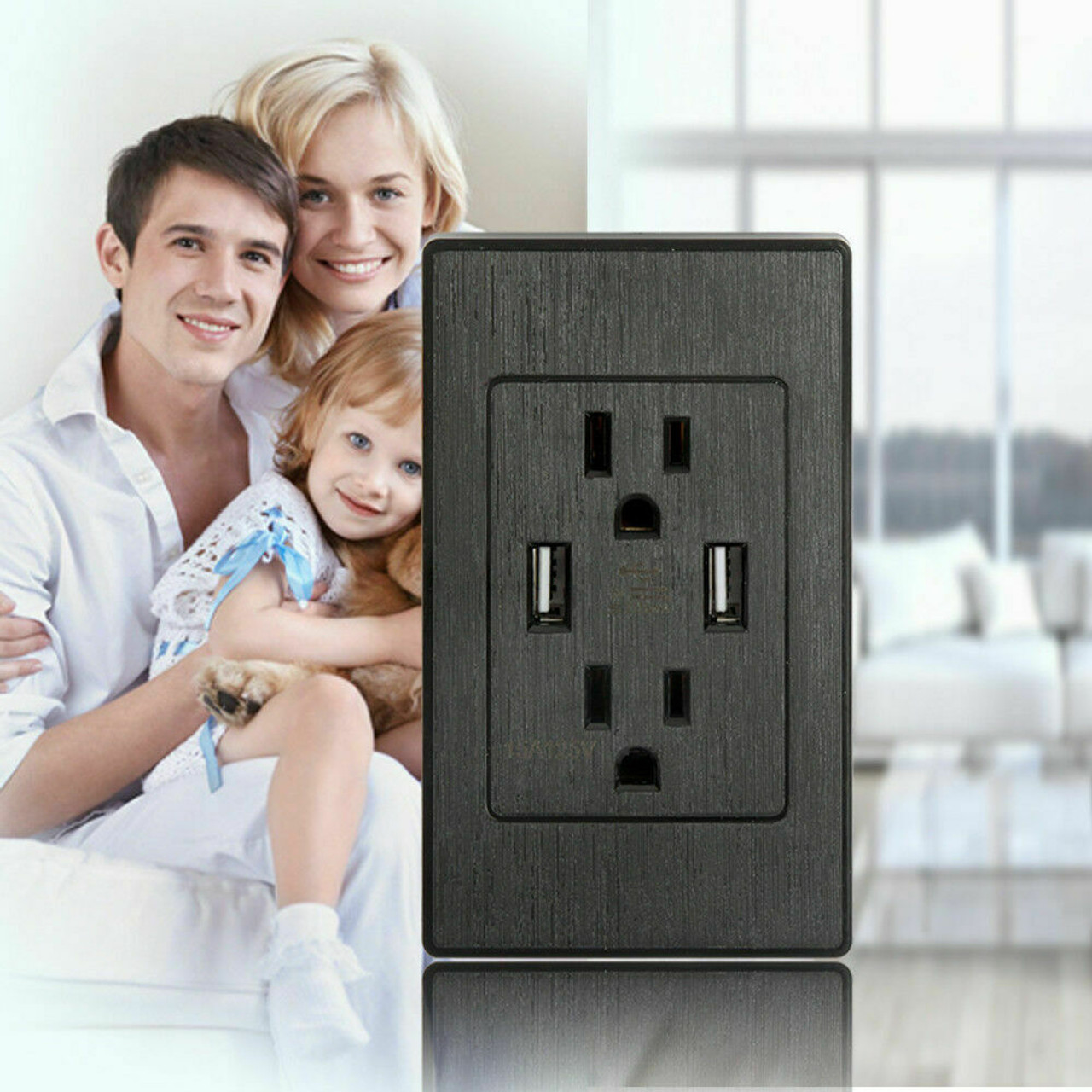 Dual USB Port Wall Socket Charger AC Power Receptacle Outlet Plate Panel 15A 110