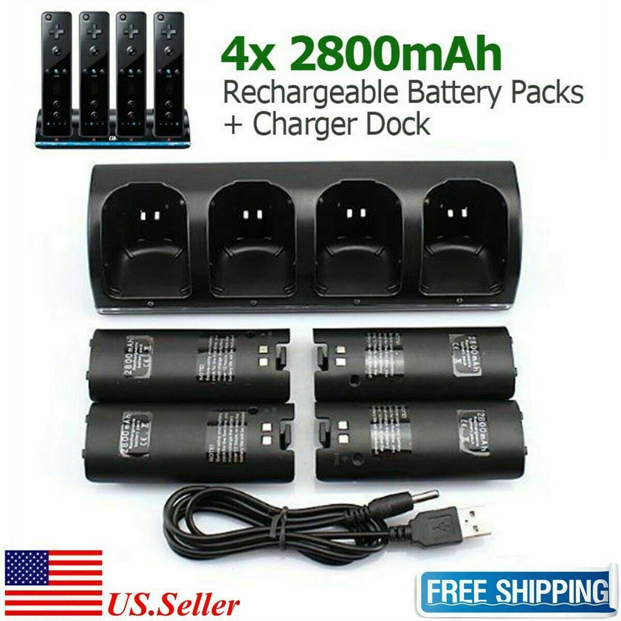 Charger Charging Dock Station + 2800mAh Battery For Wii /Wii U Remote Controller