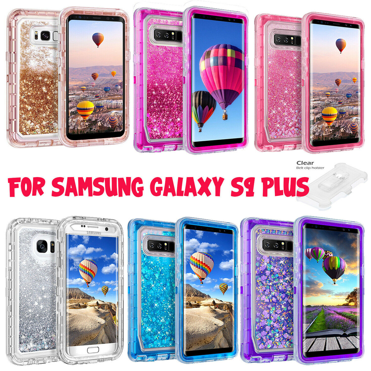 For Samsung Galaxy S9 Plus S9+ Glitter Liquid Defender Case (Fits Otterbox Clip)