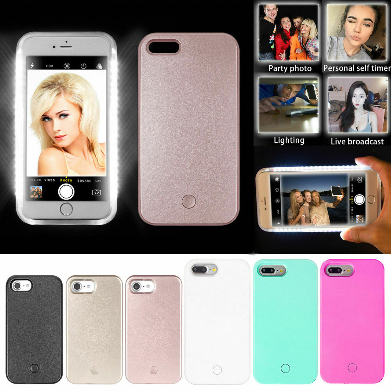 Selfie LED Light Up Bright Phone Back Case Cover For iPhone 6 6S 7 8 X Plus US