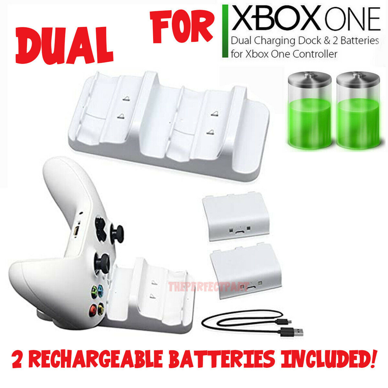 For XBOX ONE Controller Dual Charging Dock Station Charger White + 2 Battery USA