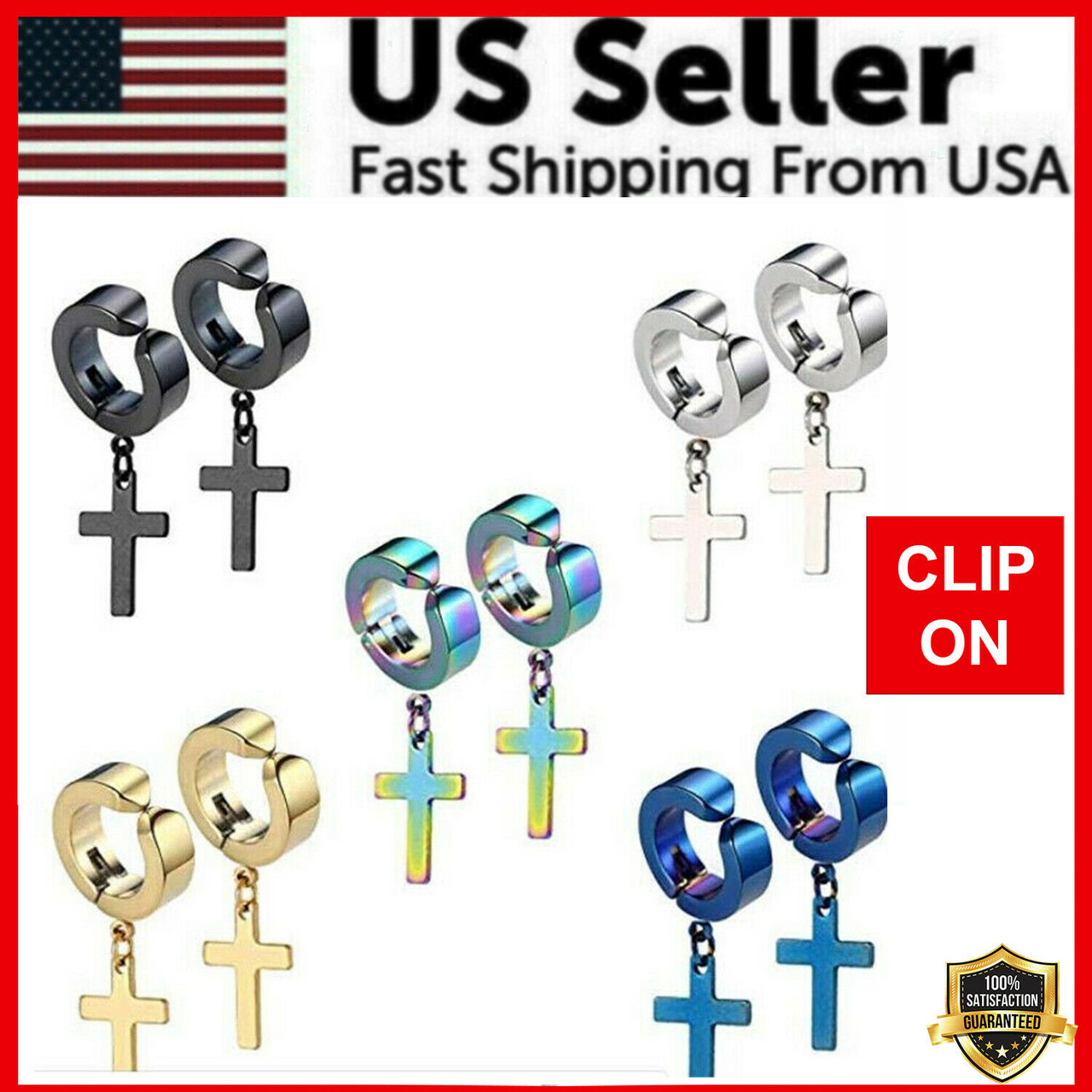 Earrings Non-Piercing Stainless Steel Cross Clip On Men Women Dangle Hoop NEW