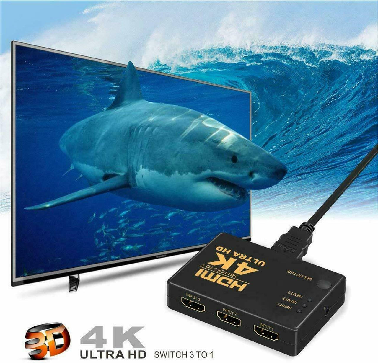 4K HDMI 2.0 Cable Splitter Switch Box Hub 3D IR Remote Control 3X1 Power 3 to 1