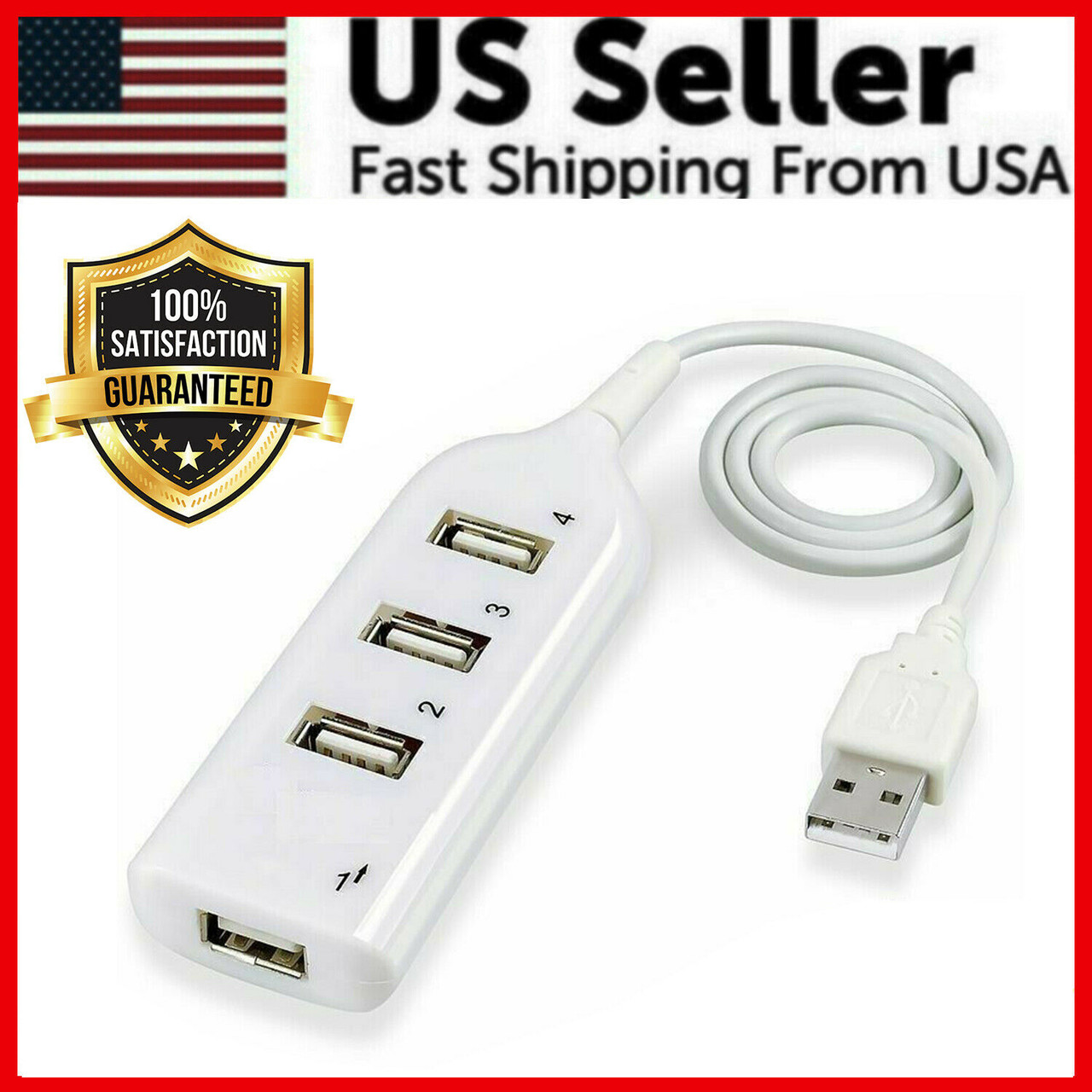 White USB 2.0 Hi-Speed 4-Port Splitter Hub For PC Notebook High Speed Computer