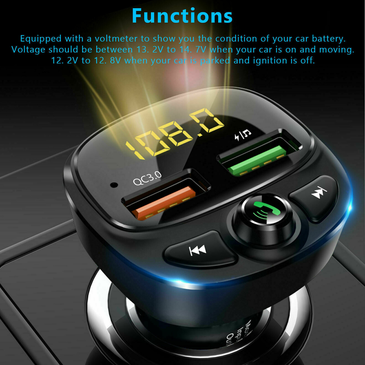 Wireless Bluetooth 5.0 FM Transmitter QC3.0 Hands-Free Radio AUX Adapter Car Kit