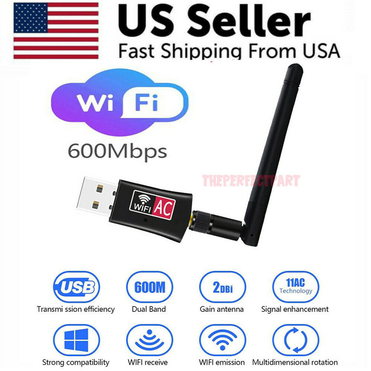 600Mbps Wireless USB Wifi Adapter Dongle Dual Band 2.4G/5GHz W/Antenna 802.11AC