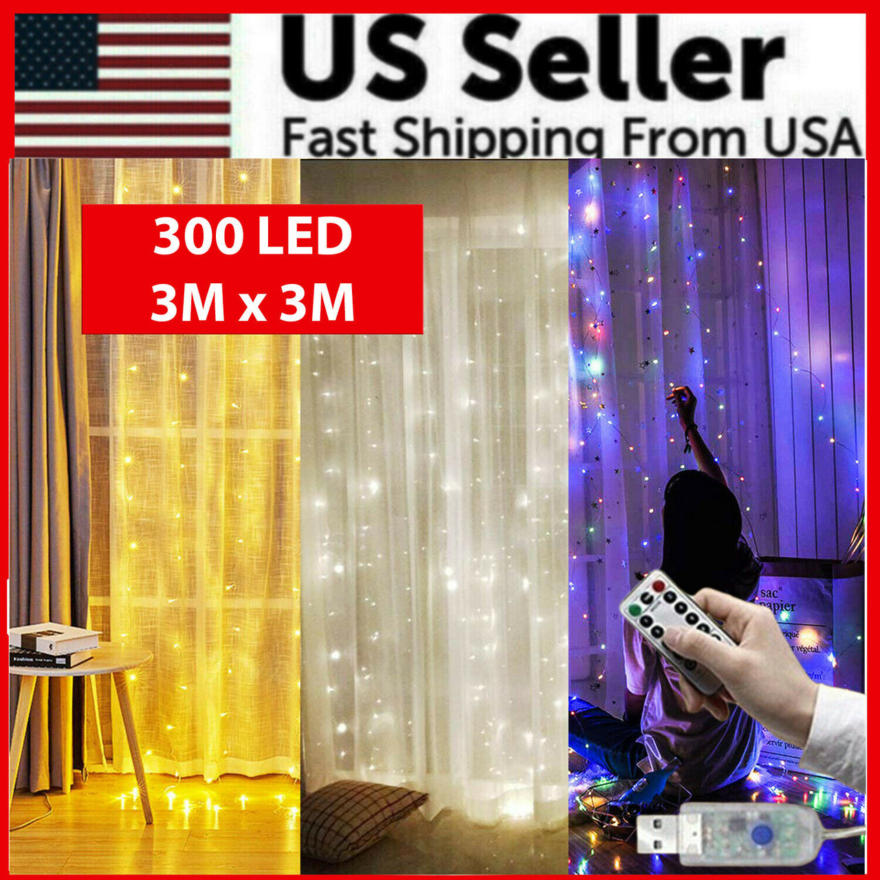 300 LED Curtain Lights String 3M*3M USB Powered Waterproof Twinkle Wall Lights