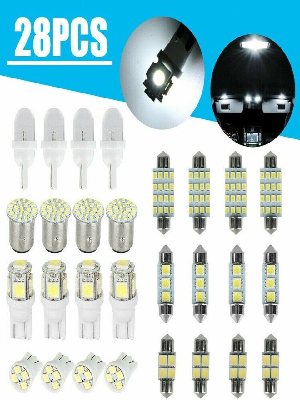 28pcs Car Interior White Combo LED Map Dome Door Trunk License Plate Light Bulbs