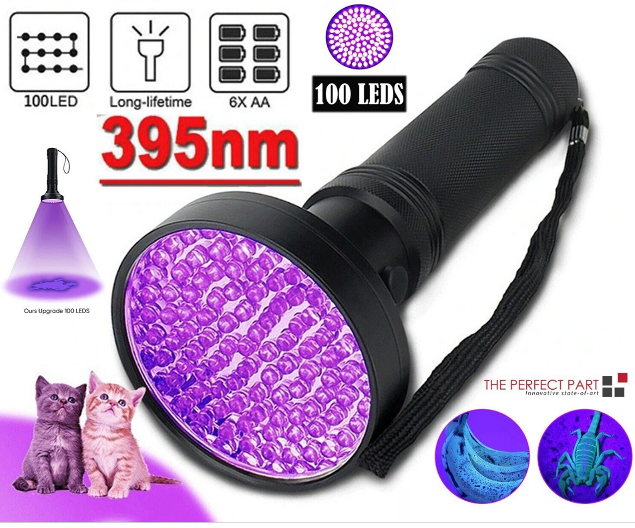 UV Ultraviolet Light 100 LED Flashlight BlackLight 395nM Inspection Lamp Torch