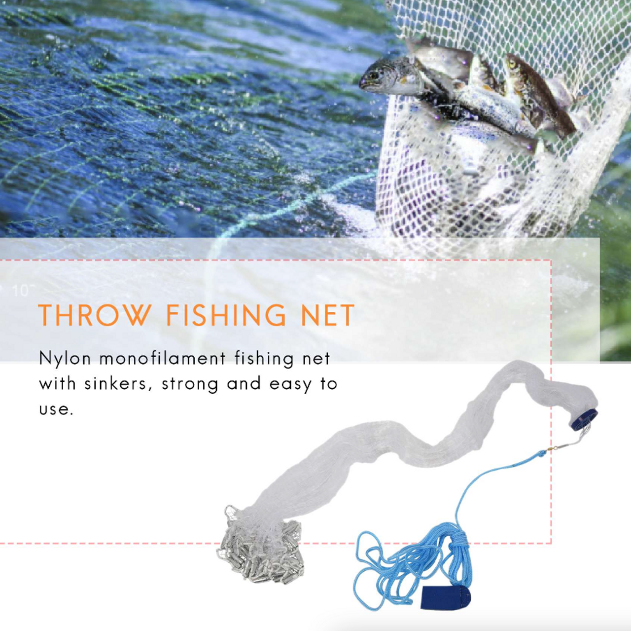 10Ft Hand Throw Fishing Net Cast Spin Bait Sinker Small Mesh