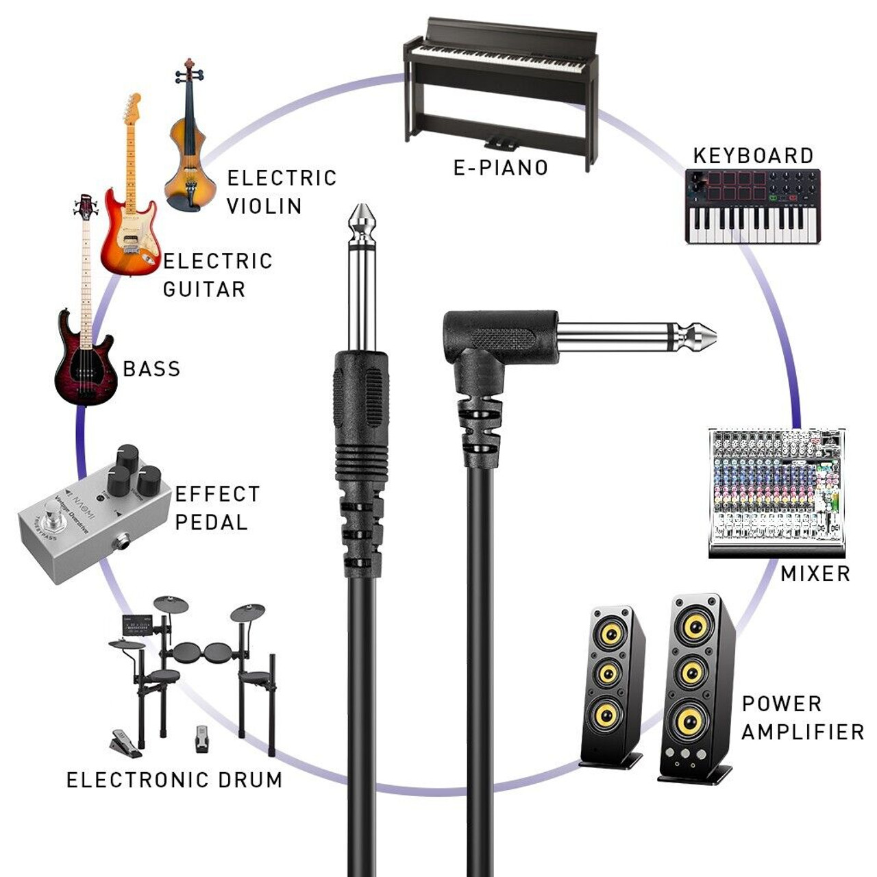 2 PACK 10FT Electric Patch Cord Guitar Amplifier Amp Cable Right Angle 90 Degree