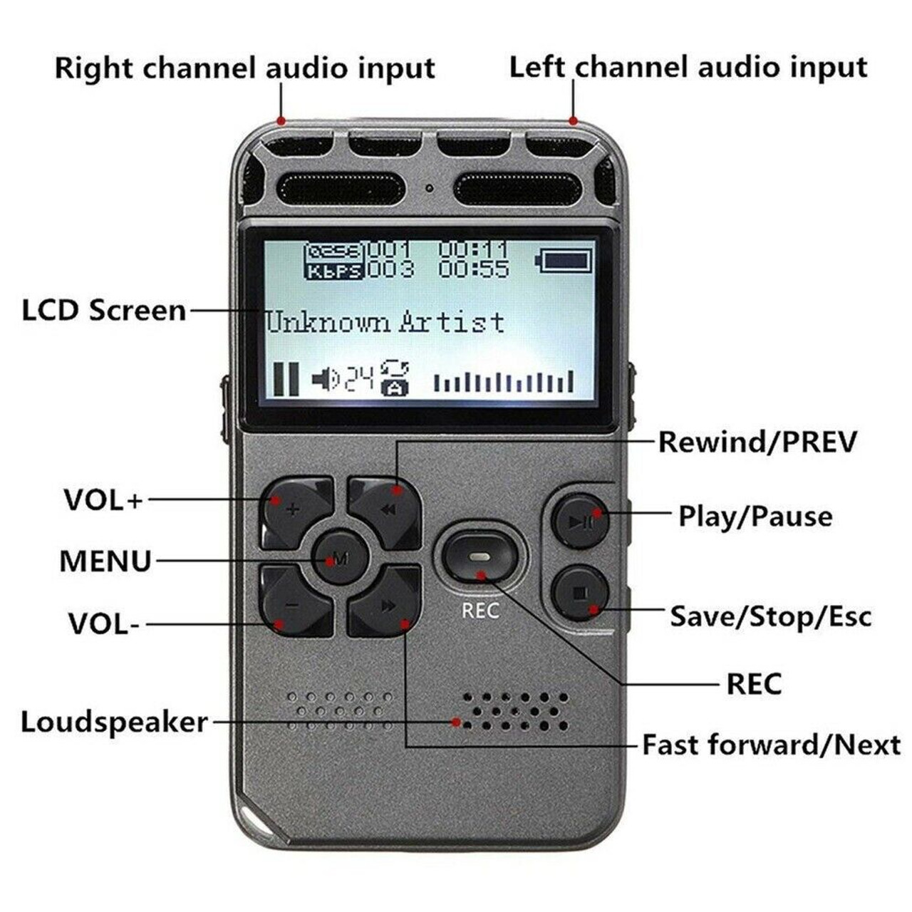 64GB Rechargeable LCD Digital Audio Sound Voice Recorder Dictaphone MP3 Player