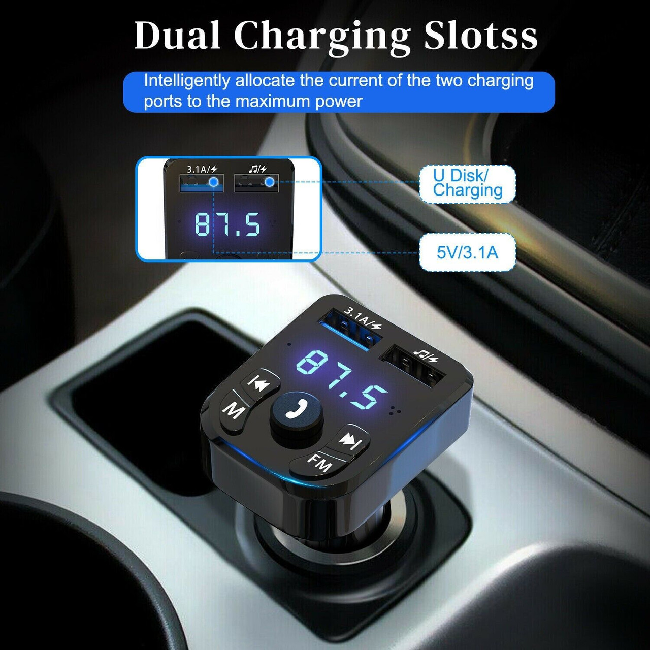 Bluetooth 5.0 Car Wireless FM Transmitter Adapter 2USB PD Charger AUX Hands-Free