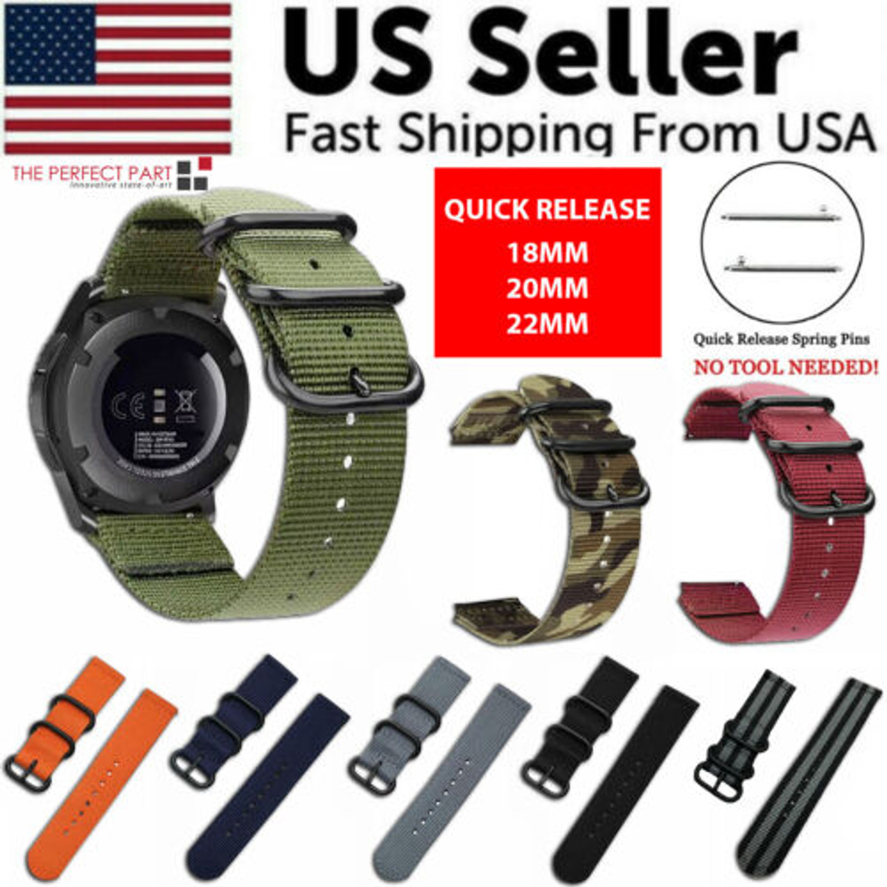 18mm 20mm 22mm Ballistic Durable Military Nylon Wrist Watch Band Strap Quick USA