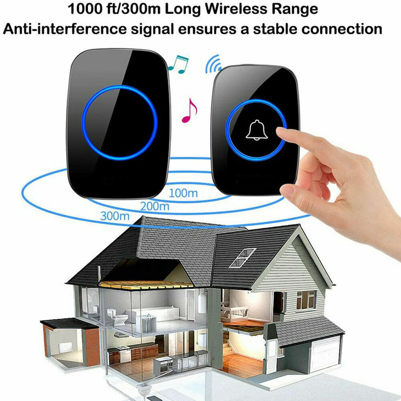 Wireless Doorbell Chime Waterproof Plugin Receiver Adjustable Volume 1000FT Kit