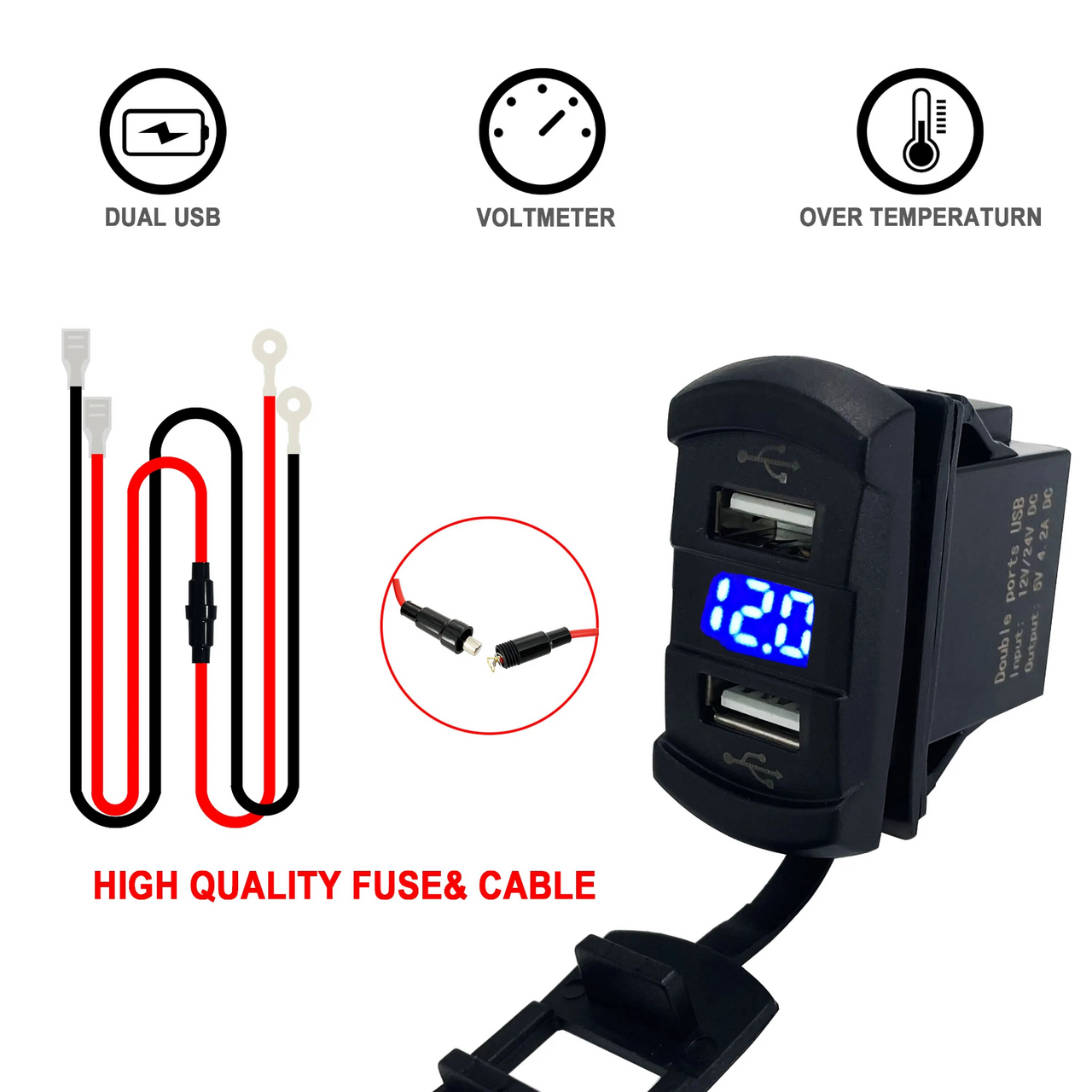 12V Dual USB Charger Socket LED Voltage Voltmeter Rocker Switch Panel Car Boat 