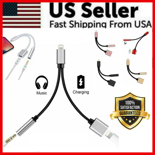 2in1 3.5mm Audio Headphone AUX Adapter Charger Cable For iPhone XS Max XR 7 8 +