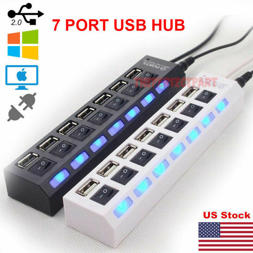 US 7 Port USB 2.0 HUB LED Powered High Speed Splitter Extender Cable Black White