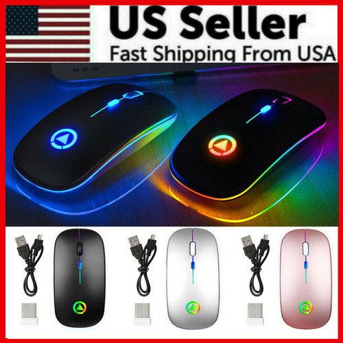 2.4GHz Wireless Optical Mouse USB Rechargeable RGB Cordless Mice For PC Laptop