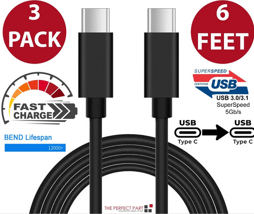 3 Pack 6FT USB-C to USB-C Cable Fast Charge Type C Charging Cord Rapid Charger