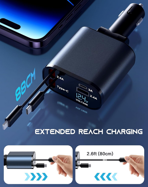 Retractable Car Charger 4 in 1 Fast Car Phone Charger 120W With USB Type C Cable