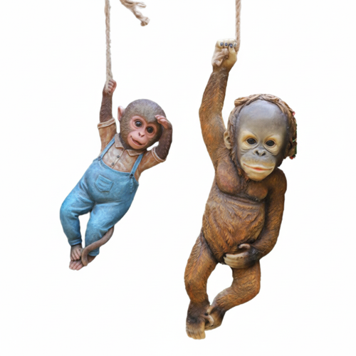 Monkey Chimp Hanging Rope Garden Ornament Outdoor Statue Sculpture Resin Decor