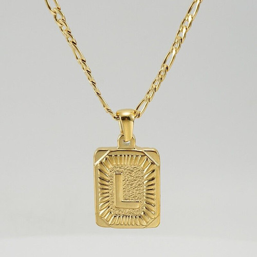 18" Gold Plated Initial Letter Pendant Necklace Stainless Steel Figaro Chain