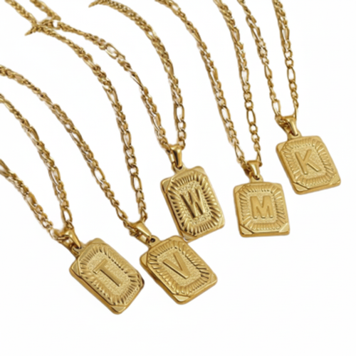 18" Gold Plated Initial Letter Pendant Necklace Stainless Steel Figaro Chain