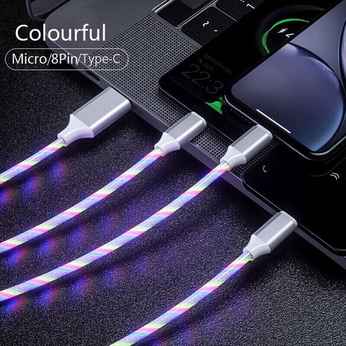 3 in 1 LED Fast Charging Cable Adapter For iPhone Micro USB Type C Charger Cord