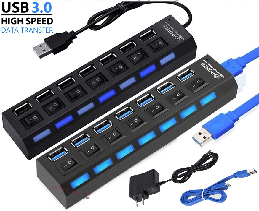 Hub USB 7 Porte Con Interruttori Indipendenti E LED – USB 3.0+2.0, Alimentato, Per Laptop E PC