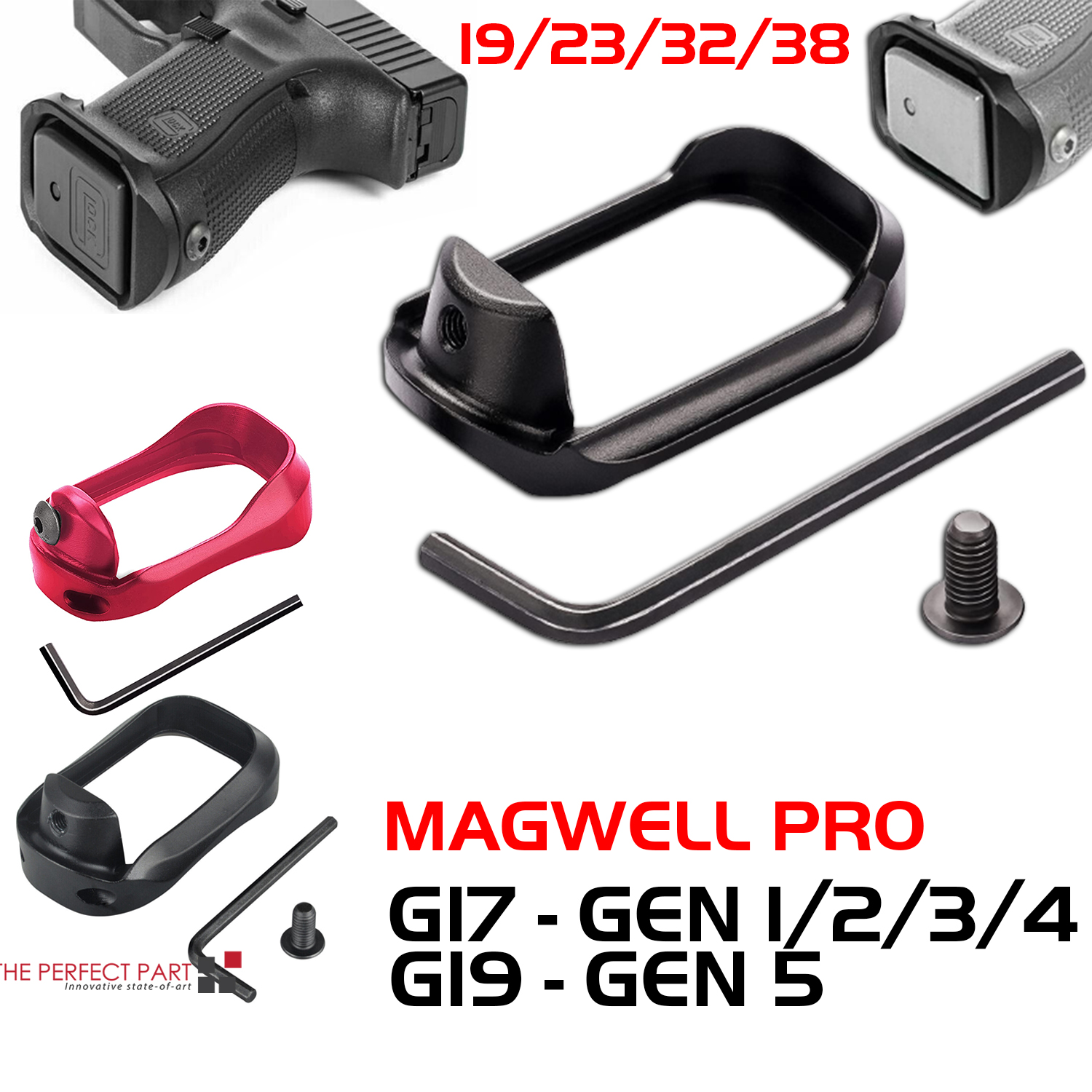 thumbnail image 2 of Anodized Aluminum Flared Magwell For Glock 19, 17, 22, 24, 31, 34, 35, 37 (Gen 1-5) 2 of 4