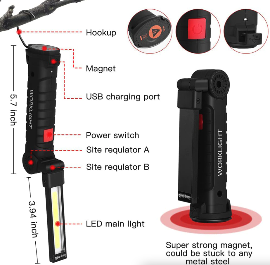 Lampe De Travail LED Rechargeable Avec Base Magnétique - Étanche, Multiposition, Pour Garage Et Bricolage