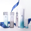 A bundle of Neora skincare products, which include Neo-FILLER, Age IQ Eye Serum, Age IQ Day & Night Creams, and Double-Cleansing Face Wash, surrounded by blue ribbon.